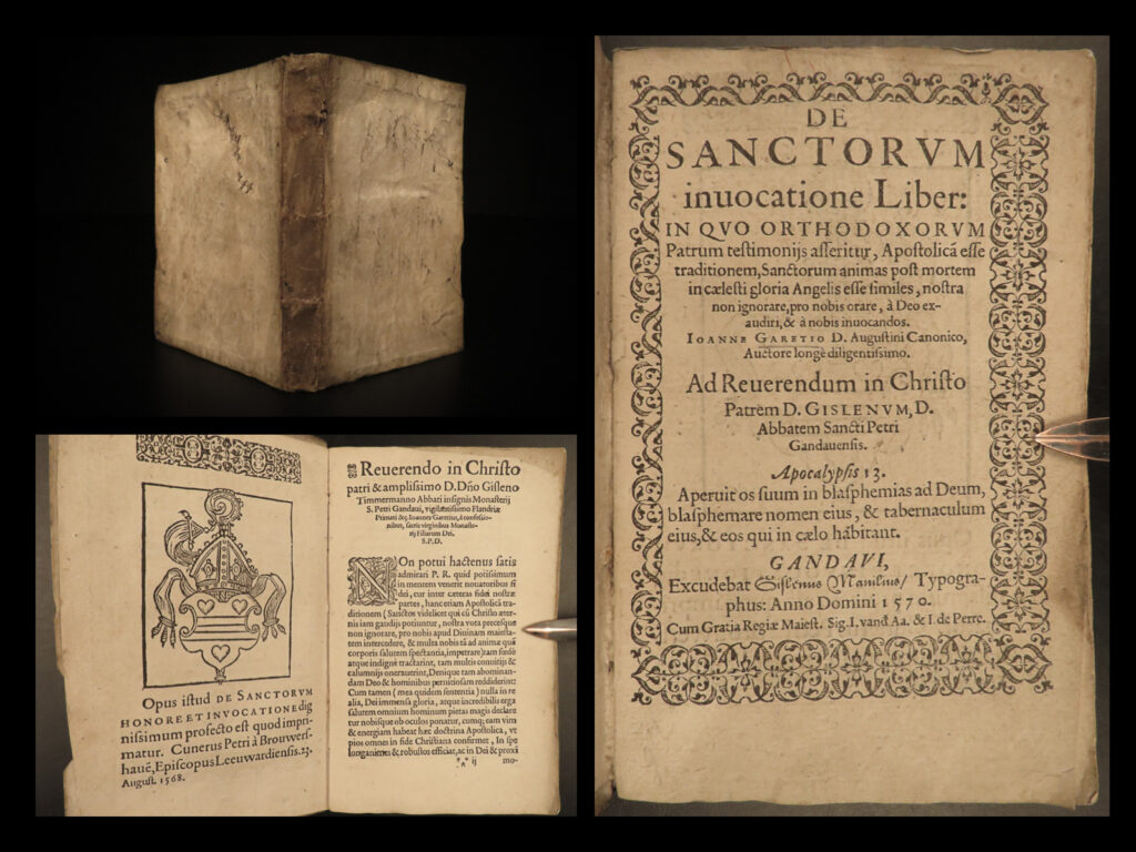 1570 1ed invocation saints orthodox catholic jerome eusebius ambrose nazianzus | jean garet was a 17<sup>th</sup>-century benedictine monk who studied the history of orthodox church fathers and saints. His book’ <em>invocation of the saints</em>’ reveals these figures’ testimonies and religious conduct, including names such as prudentius, saint hilary, saint ambrose, eusebius of caesarea, saint gregory of nazianzus, saint jerome, and many others.  