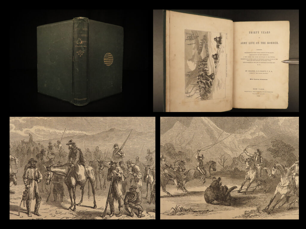 1866 gen randolph marcy thirty years in us army indians american west mormons | randolph marcy was a 19<sup>th</sup>-century united states army officer known for his military guide for american soldiers, ‘<em>the prairie traveler’</em>. In addition to this guidebook, marcy wrote a memoir of his life which outlined his adventures in the military as well as his explorations in the american west. “<em>thirty years of army life on the border</em>” describes buffalo and antelope hunting trips, influence of mormonism on the american west, and native american tribes – pueblo, comanche, ute, etc.   this 1866 edition of marcy’s memoir includes full-page engravings throughout – views of indians and teepees, city views, and hunting adventures.