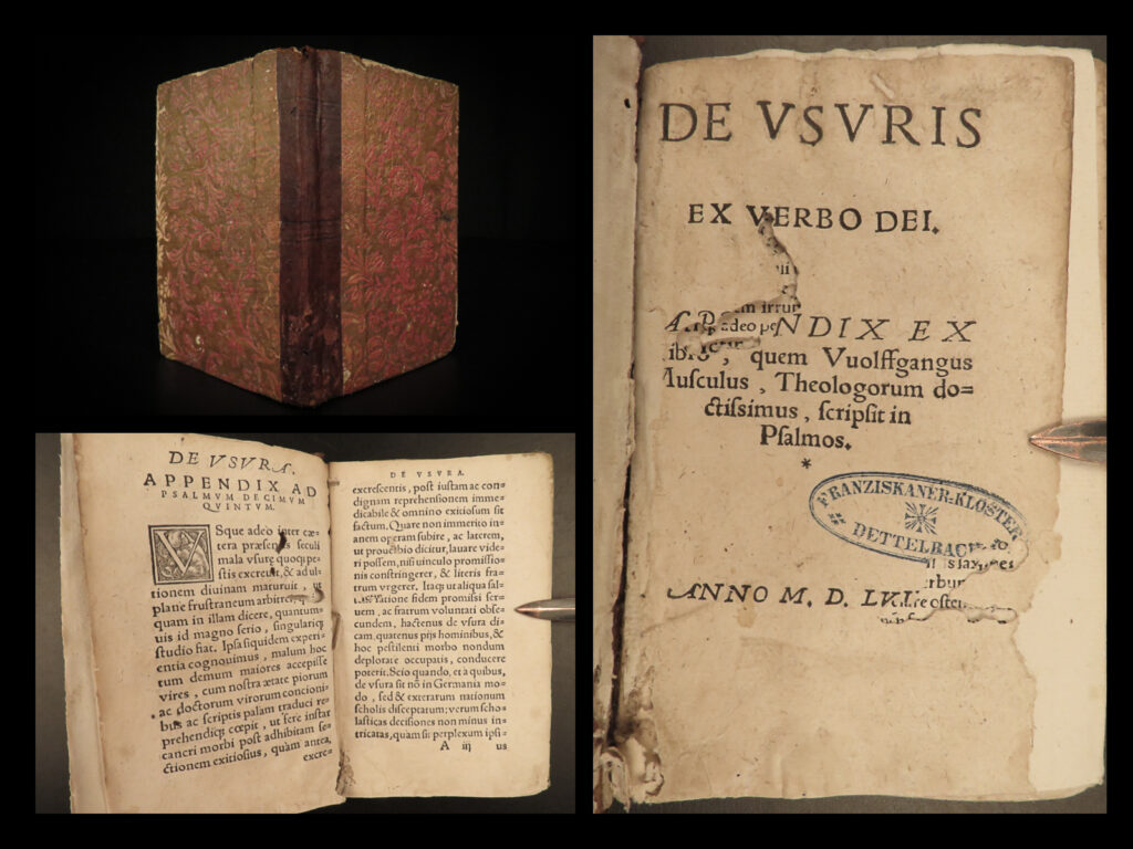 1558 reformation musculus de usuris verbo dei bible commentary ambrose aquinas | wolfgang musculus was a 16<sup>th</sup>-century protestant reformer who wrote numerous biblical commentaries and theological treatises. One of his commentaries was <em>‘de usuris ex verbo dei’</em>, a short appendix noting the commentaries of famed theologians such as ambrose, aquinas, with chrysostom and their notes on the old testament.