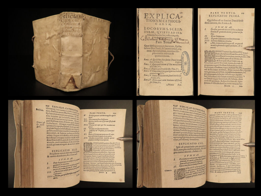 1581 catholic bible commentary against heresy & heretics reformation capitonus | <em>‘explicationes catholicae</em>’ is a rare 16<sup>th</sup>-century commentary on both the old and new testaments, which, according to the title page, covers all the verses in the bible. Author felicianus capitonus uses these commentaries to refute heretics of the time. This third part from the 1581 edition contains paul’s epistle to the romans through the book of revelation.  