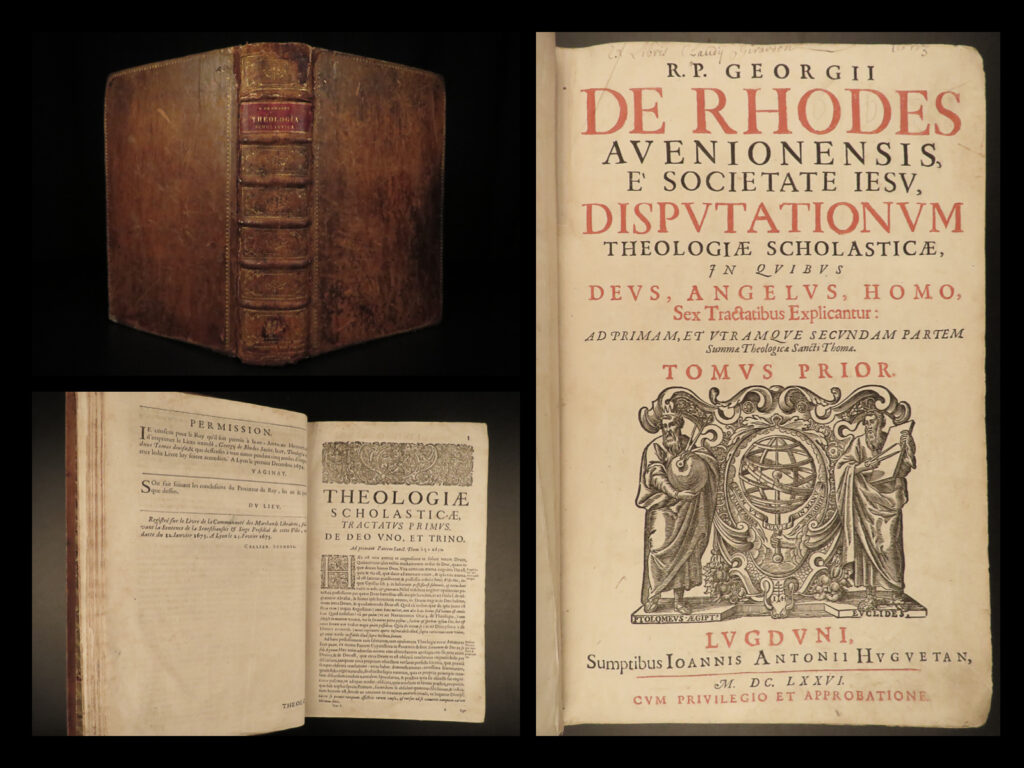 1676 jesuit georg de rhodes disputationes on god & angels catholic aquinas summa | georges de rhodes was a 17<sup>th</sup>-century jesuit known for his philosophical studies in theology. His most important, and most famous work, was his ‘<em>disputationes theologiae scholasticae’</em> – a collection of shorter treatises describing god, angels, and their relationship to man. Rhodes was heavily influenced by thomas aquinas and his ‘<em>summa theologica’</em>, which is evident throughout this work.  