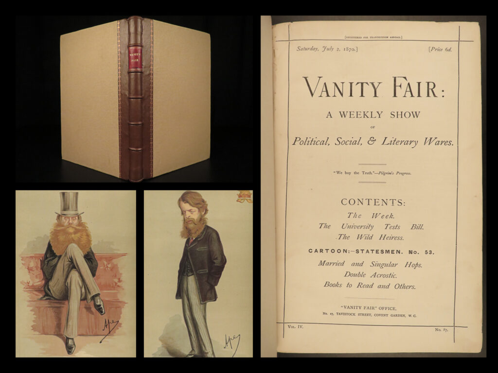 1870 vanity fair art henry bulwer frederick iii of prussia illustrated color | a rare printing of the first volume of the <em>vanity fair album</em>. <em>vanity fair</em> is best known for full-page, color lithographs of world celebrities and dignitaries including artists, athletes, royalty, , scientists, authors, and scholars. More than 2000 of these images appeared, and they are considered the chief cultural legacy of the magazine, forming a pictorial record of the period. According to author and editor jehu junior, “the vanity fair portraits are and remain <strong>the only work of their kind ever attempted</strong>; and as such they must always hold a special and distinct place as a permanent record of men of eminence in the nineteenth century. ”   this 1870 edition <strong>includes 24 full page color plates of famous figures </strong>including <ul> <li>marquis of westminster</li> <li>the duke of sutherland</li> <li>lord henry gordon-lennox</li> <li>robert montagu</li> <li>prince of prussia, frederick iii</li> <li>henry bulwer</li> </ul>  