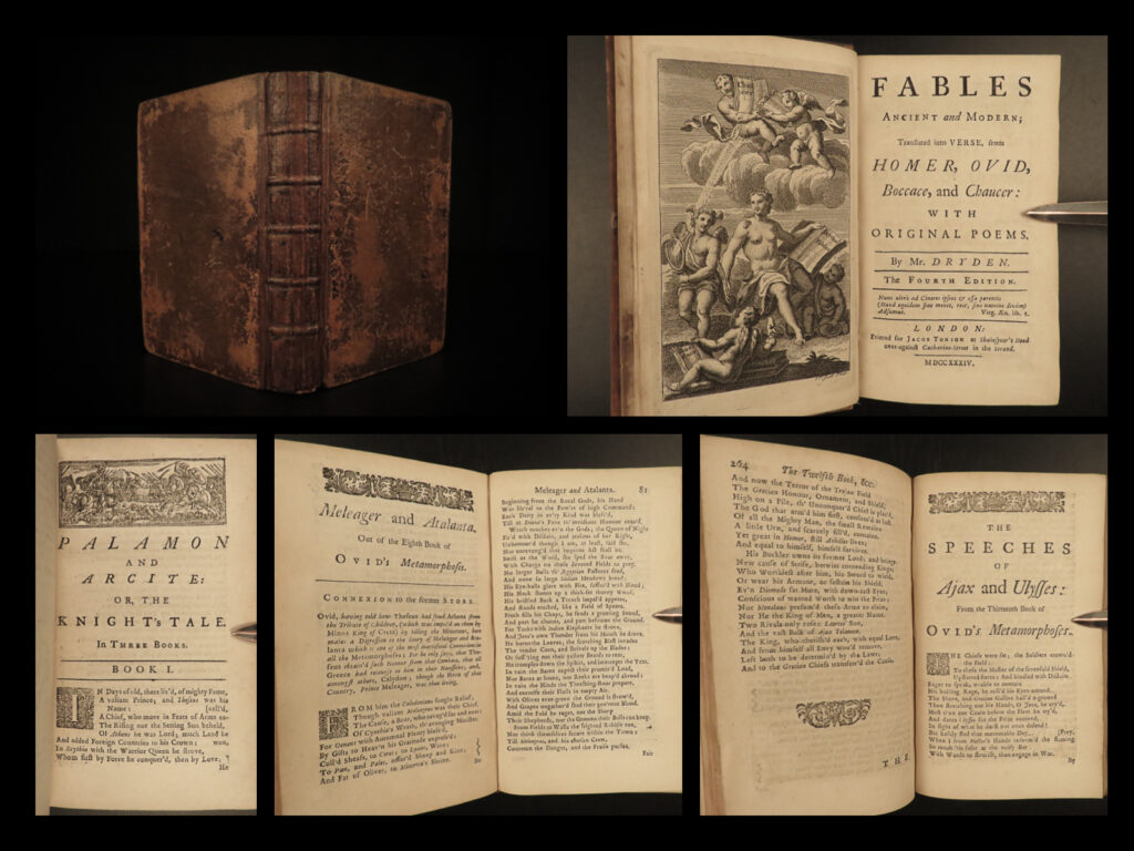 1734 dryden fables ancient & modern homer ovid chaucer boccaccio english lit | john dryden was a 17<sup>th</sup>-century english poet who was known as england’s very first poet laureate and would lead england into a literary period that would become known as the age of dryden. He also established standard forms of english poetry though his satires, fables, epigrams, poems, and plays.   <em>‘fables, ancient and modern’</em> is dryden’s translations of some of the most famous and iconic works of ancient literature. Dryden includes selections from ovid’s ‘<em>metamorphoses’</em>, chaucer’s ‘<em>canterbury tales’</em>, homer’s ‘<em>iliad’</em>, and even stories from giovanni boccaccio, all translated into english verse. <em> </em>