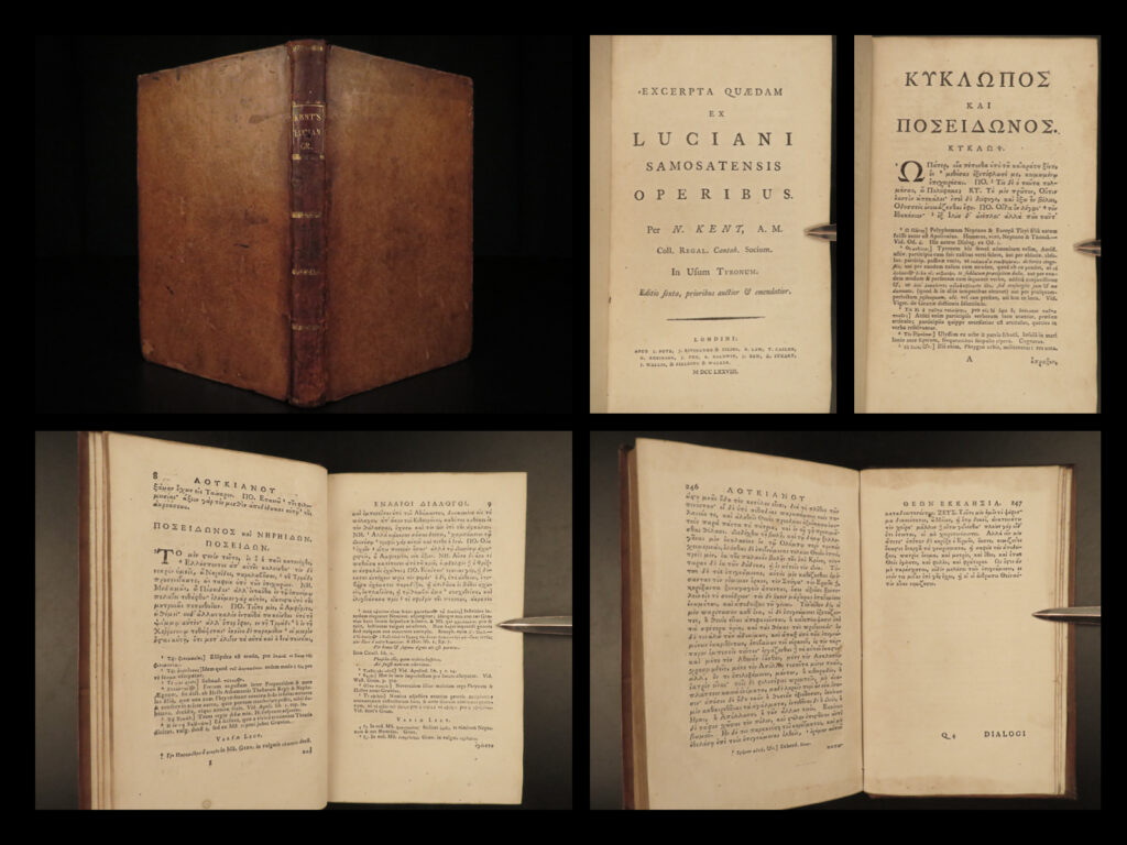 1778 lucian of samosata greek satire mythology philosophy london latin classical |   a rare, late 17<sup>th</sup>-century edition of the works of lucian of samosata, a 2<sup>nd</sup>-century greek satirist. Lucian wrote a variety of works including comedies, dialogues, essays, and commentaries. He discusses mythological figures such as hercules, achilles, zeus, timon of athens, hermes, and others   this 1778 greek edition of the works of lucian includes a latin translation edited by nathaniel kent.