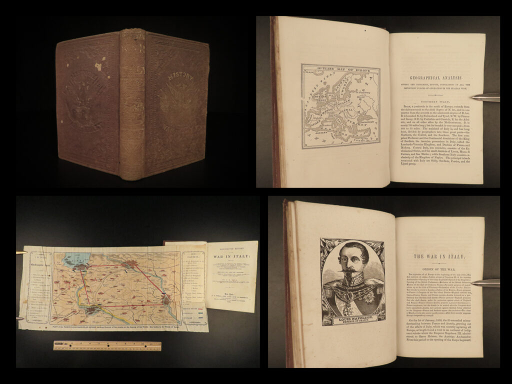 1859 1ed history of franco-austrian war italian independence maps napoleon iii | a rare, illustrated account of the second italian war of independence or franco-austria war of 1859. This book, written by john tuel, offers a description of northern and central italy while still focusing on the causes of the war. While other histories of this war exist, this book was published the same year as the war and contains numerous maps and illustrations, most notably the huge color folding map of northern italy and portrait of napoleon iii.