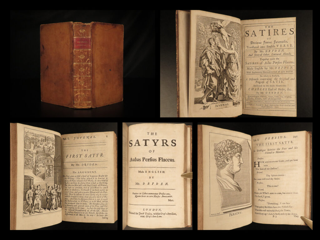 1702 juvenal & persius english satires stoic philosophy rome dryden illustrated | <em>“many commit the same crime with a very different result. One bears a cross for his crime; another a crown. ” </em> ― juvenal, <em>the satires </em>   a rare 1702 english printing of ‘<em>the satires’</em> of juvenal and persius. This collection of satirical poetry was written in the late 1<sup>st</sup> and 2<sup>nd</sup> centuries and discuss society, social norms, irony, each of these providing insight to the morals and values of roman life at the time. Juvenal outlines many of the concerns he has with roman citizens including unfaithfulness and greed; issues he recognized as downfalls to society. Many of the satires include references to greek and roman mythology.   this particular issue was translated by john dryden and contains numerous full-page engravings.