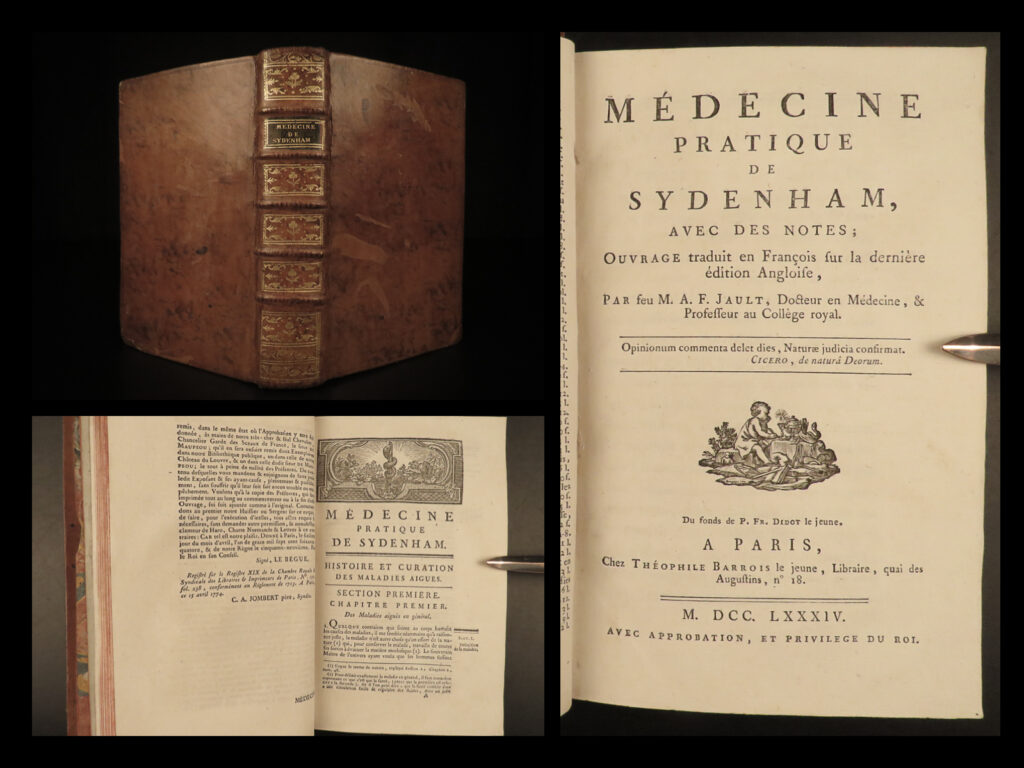 1784 english medicine & surgery of thomas sydenham cures smallpox hysteria letters | a rare 18<sup>th</sup>-century printing of thomas sydenham’s medical works including his famous medical treatise “<em>observationes medicae</em>”. Sydenham was an english physician whose textbook became the standard in medical texts for nearly two centuries. This collection of sydenham works includes various titles, each with separate title pages. Works featured in this collection include: <ul> <li>observations on medical history, treatment of acute illnesses</li> <li>letters</li> <li>treaty on gout and hydrops diseases</li> </ul>   these medical texts were some of the earliest to be published on proper treatments of smallpox and hysteria, as well as how to manage pain caused by arthritis.