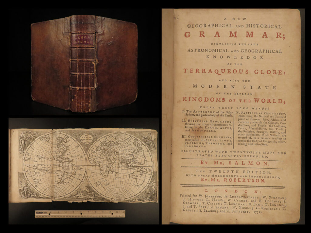1772 atlas maps geographical grammar salmon europe china colonial usa voyages | thomas salmon’s “<em>new geographical and historical grammar</em>” is an important 18<sup>th</sup>-century geography book filled with impressive folding maps. His understanding of the world was extent due in part to him joining george anson on his tour of the world.