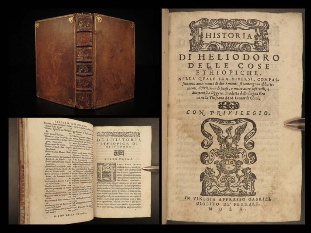 1560 greek heliodorus ethiopia mythology egypt persia aethiopica italian venice | a rare 16<sup>th</sup>-century edition of heliodorus’s only known work, ‘<em>aethiopica’</em>. Written sometime in the 3<sup>rd</sup> or 4<sup>th</sup>-century, this work tells the story and history of the development of ethiopia through the lens of an ancient greek romance novel. It is also believed that that torquato tasso took significant liberties from ‘<em>aethiopica’</em> and used them in his famous book ‘<em>jerusalem delivered</em>’.  