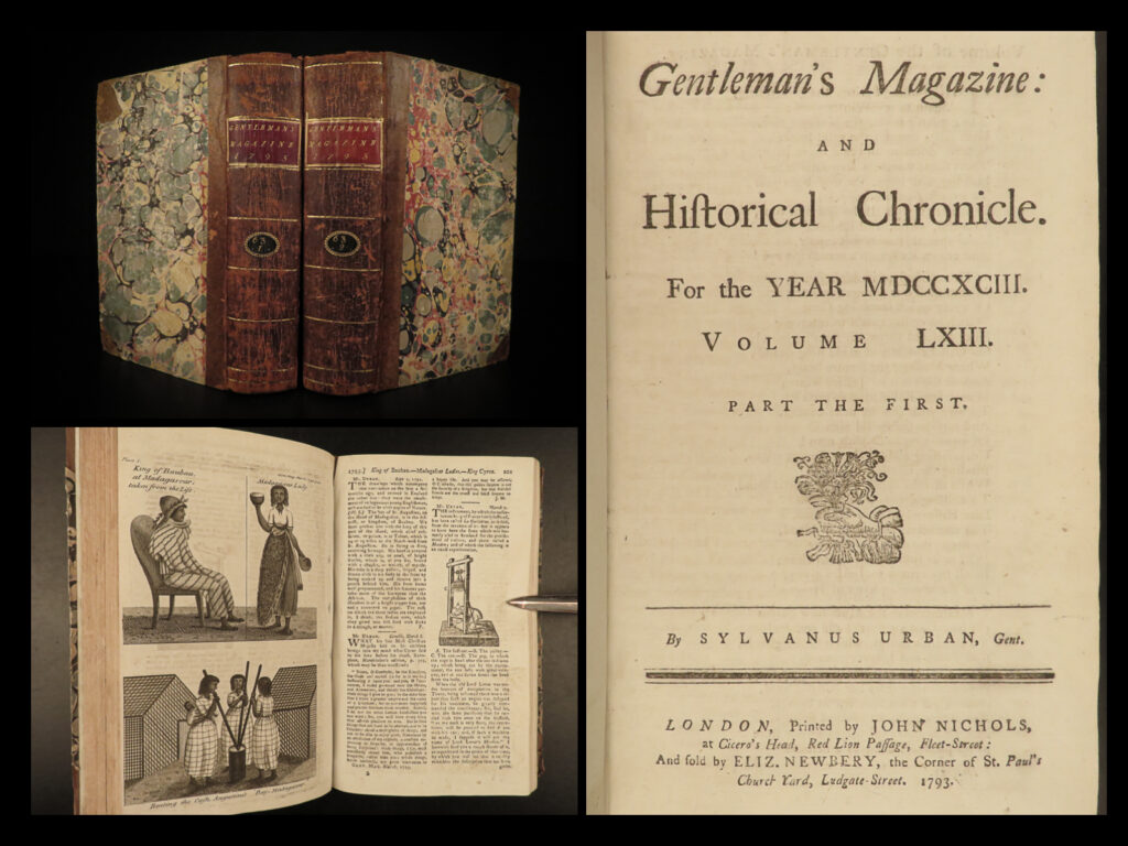 1793 slavery in jamaica tobago muscogee indians americana washington congress | the <em>gentleman’s magazine</em> was an english periodical which first appeared in 1731. It was published without interrupt for nearly 200 years and was the first of its kind to use the term ‘magazine’. It was published by edward cave, pseud. Sylvanus urban.   this 1793 edition includes a variety of important and interesting contents including: <ul> <li><strong>slavery –</strong> <ul> <li><strong>sale of negroes in jamaica</strong></li> <li>capture of tobago by the english</li> </ul> </li> <li>description of native tribes in madagascar</li> <li>george washington speeches to congress</li> <li>execution of quakers in boston</li> <li>description of chief mcgillivray, or hoboi-hili-miko and the muscogee creek indians</li> <li>sighting of a double-horned rhino</li> </ul>  