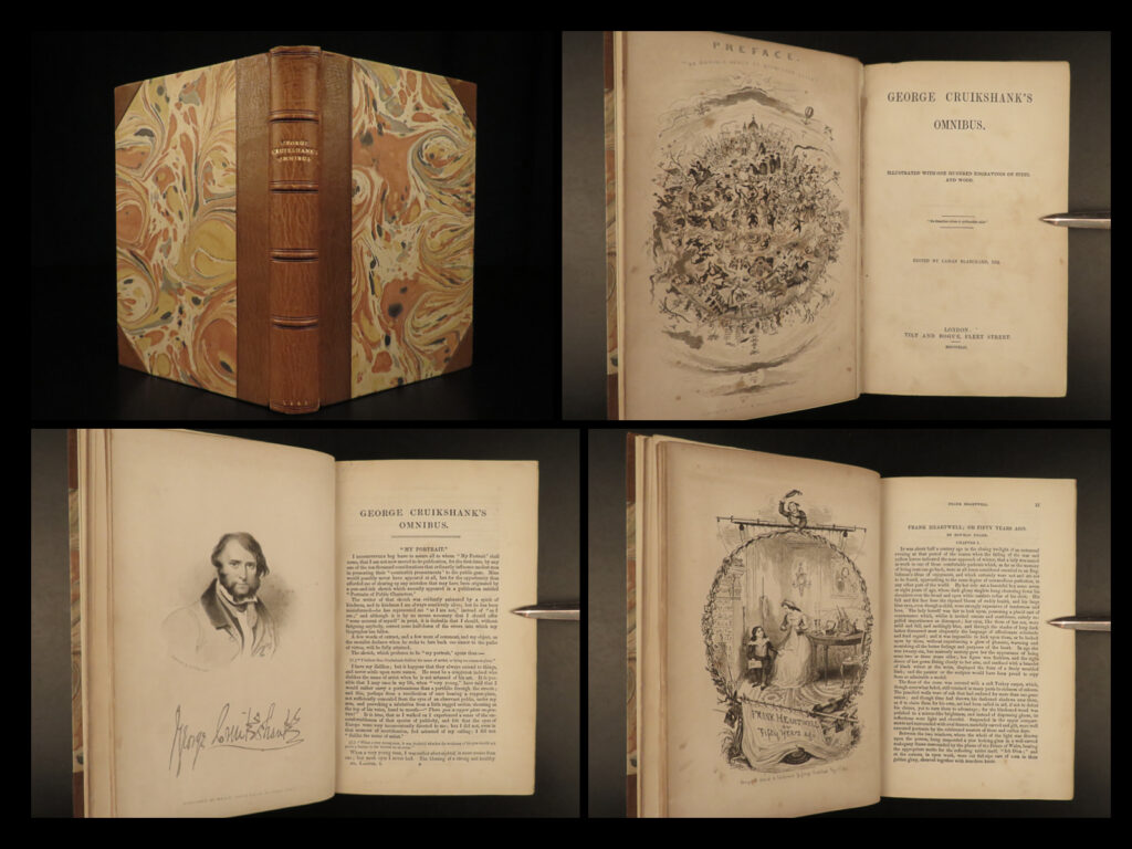 1842 omnibus 1ed by george cruikshank comic english essays & art fine binding | george cruikshank was one of england’s best and most notable 19<sup>th</sup>-century caricaturists and book illustrators. In 1841, cruikshank sought an outlet for his for his art that he had complete control over – no publisher or editor control. The result was the ‘<em>omnibus’</em> in 1842. This ‘<em>omnibus’</em> contained numerous comedic articles, essays, and even short stories <strong>with 100 engravings on both wood and steel engravings of the famed cruikshank art. </strong>