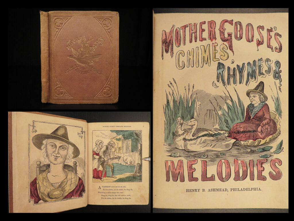1860 mother goose nursery rhymes color illustrated children fairy humpty dumpty |   a rare, illustrated edition of famous mother goose nursery rhymes. This book contains famous nursery rhymes including: <ul> <li>‘humpty dumpty’</li> <li>‘there was an old woman who lived in a shoe’</li> <li>‘little boy blue’</li> <li>‘little bo peep’</li> <li>‘jack jump over the candlestick’</li> <li>‘old king cole’</li> <li>‘peter piper’</li> <li>‘song of sixpence’</li> <li>‘three blind mice’</li> <li>and many more! </li> </ul>