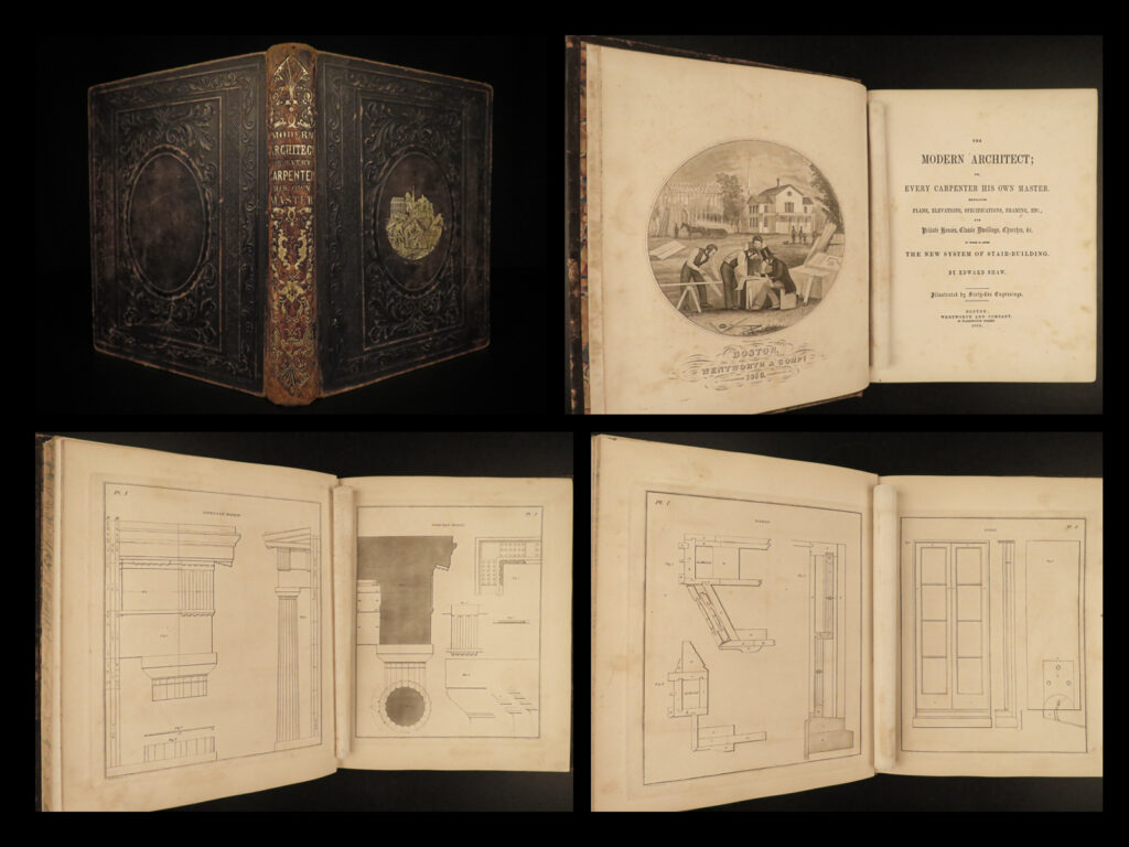1856 modern architect carpentry houses framing architecture illustrated stairs | edward shaw was <strong>one of the major american architectural authors</strong> of the 19<sup>th</sup> century. His influence on builders and architects came from his balance between traditional forms and new ideas grounded in construction principles. This edition of “<em>modern architect</em>” was written to with three parts, a concise survey of the history and progress of architecture, characteristics of egypt, greco-roman, gothic, and other different styles of architecture, and the arrangement and construction of houses specifically doors, windows, chimneys, stairs and more. This 1856 edition includes 65 engraved plates and is bound in a decorative leather binding!