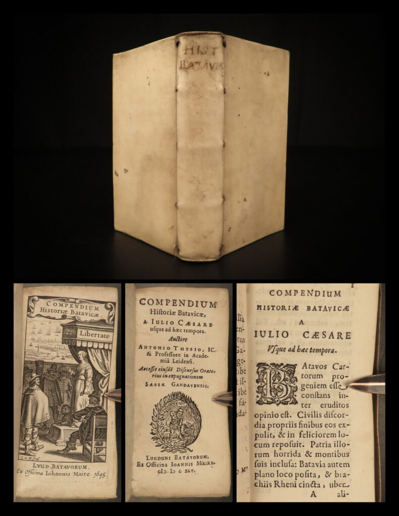 1645 1ed dutch history netherlands eighty years war batavia portugal thysius | antonius thysius was an early 17<sup>th</sup>-century dutch historian whose ‘<em>compendium of dutch history</em>’ is a rare and thorough history of the netherlands. This book follows the historical events of the netherlands beginning with ancient rome through the 17<sup>th</sup>-century. It includes notable events such as the eighty years’ war and dutch war for independence, the life of saint elizabeth of portugal, isabella of portugal and holy roman emperor charles v, and much more!