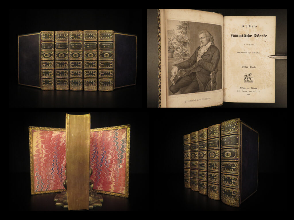 1844 exquisite friedrich schiller historical tragedy play german theater binding | <em>“the voice of the majority is no proof of justice. ” </em> – schiller, <em>maria stuart</em>   friedrich schiller was a prominent 18<sup>th</sup>-century german poet and playwright known for his philosophical dramas. He was greatly influenced by friend and fellow poet johann von goethe, but was well respected for his historical tragic plays such as ‘<em>don carlo’</em>, ‘<em>mary stuart’</em>, and ‘<em>william tell’</em>. This 1844 german printing of his works is bound in stunning, ornate leather binding beautifully decorated with gold-embossed décor on the spine.