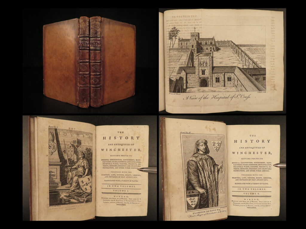 1773 1ed history of winchester england cathedral mary’s college illustrated 2v | a rare, 18<sup>th</sup>-century history of winchester, england. Written by an unknown hand, this book contains <strong>descriptions of the earliest days of winchester</strong>, outlines of the government, commerce and trade, and notable accounts of cathedrals, mary’s college, and architectural ruins. This 1773 two-volume first edition contains 13 impressive full-page and folding engravings.