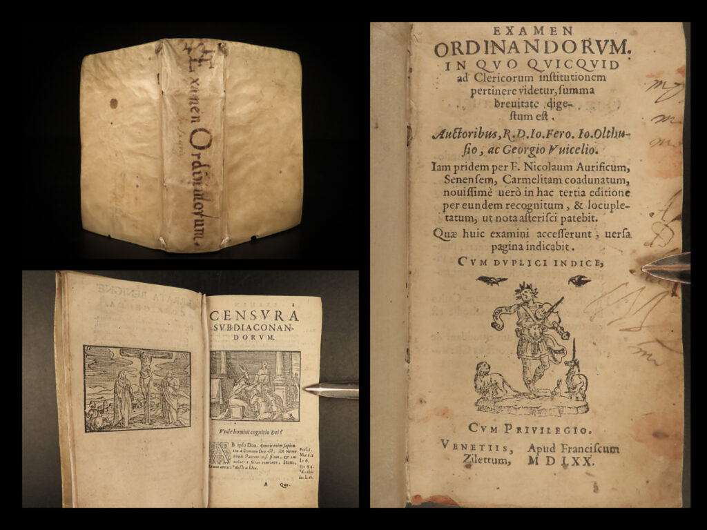 1570 catholic church fathers woodcuts ambrose jerome popes 2in1 aurifoco examen | niccolo aurifoco’s ‘<em>examen ordinandorum’</em> is a summary on the doctrines and liturgy of the catholic church as well as an examination of clerics and church fathers. It features commentary and contributions from other writers such as johann wild, johann holthusius, and georg witzel.   this 1570 edition of aurifoco includes his ‘<em>de dignitate vita et moribus clericorum</em>’ which is a collection of short anecdotes taken from the letters and correspondence of church fathers including saint ambrose, saint augustine, jerome, pope gregory, and many others.  
