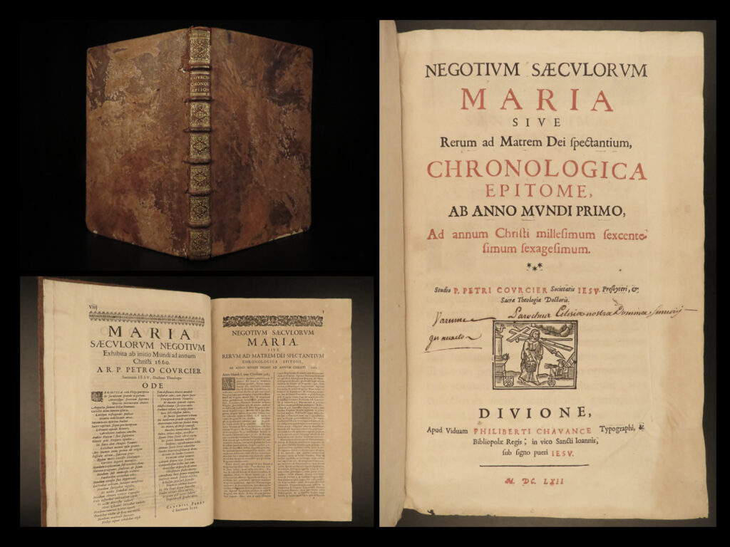 1662 virgin mary catholic chronology mariology courcier saints popes gregory i | a rare and rather obscure 17<sup>th</sup>-century study of mariology. Author petrus courcier covers the history of the catholic church throughout history from the birth of christ and the immaculate conception through the mid-1600s giving a year-by-year account. “<em>negotium saeculorum maria</em>” covers notable religious figures, saints, monastics, and popes such as gregory i and urban viii.