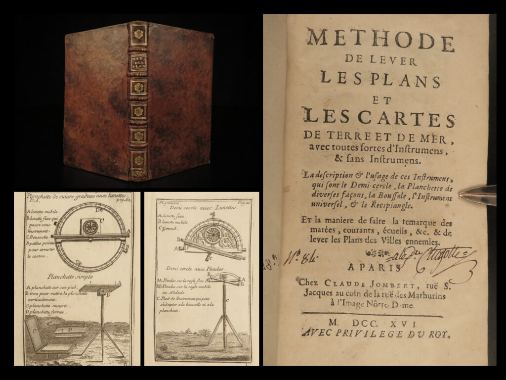 1716 1ed surveying map making cartography tools fort plans ozanam mathematics | jacques ozanam was a 17<sup>th</sup>-century french mathematician most-known for his work ‘<em>recreations’</em>, or ‘<em>mathematics’. </em> however, in addition to his studies in mathematics, he published one of the best works on surveying. ‘<em>methode de lever les plans’</em> is an important book on how to create maps and survey land both with and without technical instruments. Ozanam covers how to find the best location for mapping a location, how to use necessary tools, and how to use geometry to create plans of castles and forts!   note the impressive folding maps and engravings bound at the end of this first edition book!  