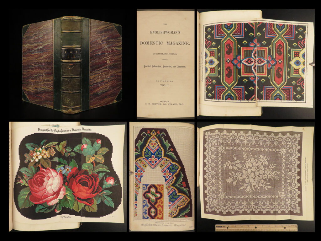 1868 fashion english woman domestic magazine illustrated dresses beeton recipes | in mid-19<sup>th</sup>-century england, there was a growing demand for literature on home-making and female interests. Numerous magazines and periodicals were published to try to meet this demand. One such work was sam beeton’s “<em>englishwoman’s domestic magazine</em>” – a magazine that, according to diamond, “targeted middle-class women and was an immediate commercial success, with its clever mix of french fashion plates, dressmaking paper patterns, designs for fancy-work, excellent recipes (by mrs beeton), and serialized novels. ”   this tome contains 23 full-page engravings illustrating dresses and high fashion.