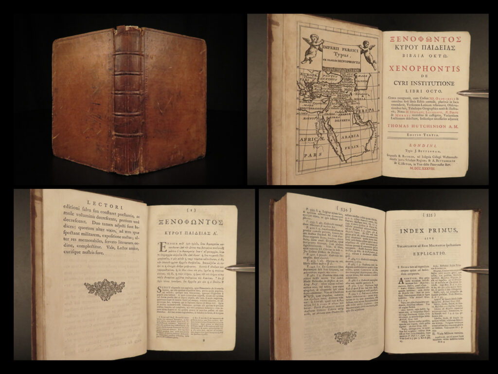 1738 xenophon greek philosophy sparta peloponnesian war latin london hutchinson | <em>“men who respond to good fortune with modesty and kindness are harder to find than those who face adversity with courage. ”</em> – xenophon <em> </em> the works of xenophon are wide ranging in topics, but most of which deal with histories of wars and battle strategy. This book features the prominent works of xenophon such as his history and description of the spartan government, as well as his defense of socrates in court, and the details of the peloponnesian wars.   this 1738 edition was published in in london, collected, edited, and translated by thomas hutchinson. It includes an impressive, frontispiece map and features both latin and greek texts.  