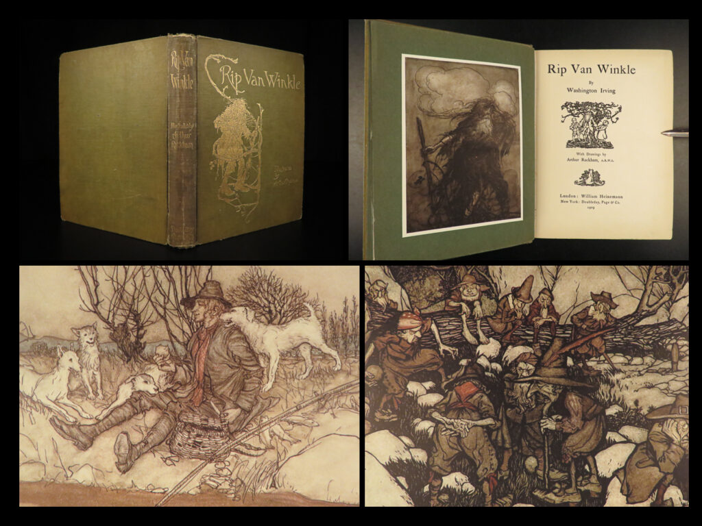 1909 rip van winkle by washington irving color illustrated by arthur rackham art | a vintage, illustrated copy of the american folk tale rip van-winkle! Originally written as a short story by washington irving, the tale of an idle man whose encounter with mysterious men in the catskill mountains results in a 20-year sleep has been adapted into verse for young readers in this colorful rendition.   this 1909 edition includes <strong>50 full-page color plates by arthur rackham </strong>published in london by william heinemann and in new york doubleday page!  