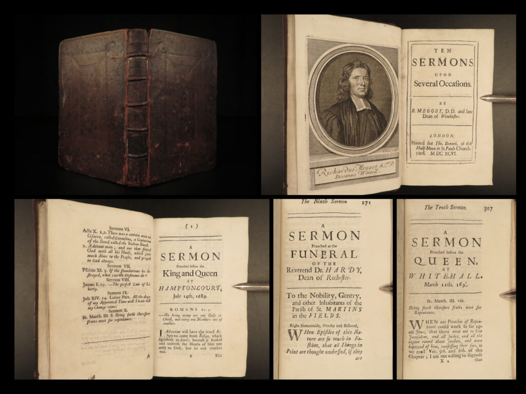 1696 1ed bible sermons richard meggot winchester cathedral william mary england |   richard meggot was a rather unknown 17<sup>th</sup>-century english preacher who served at winchester cathedral for most of his liturgical career. Perhaps his most noteworthy sermon came in july of 1689 when he preached a sermon before queen mary ii and king william iii. This sermon, along with nine others, are included in this 1696 first edition printing of the sermons of meggot.