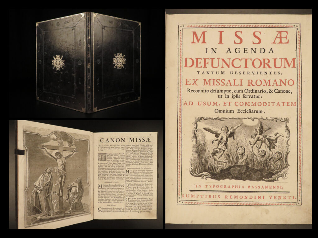 1769 requiem mass missa defunctorum catholic church music chant hymns rare folio | the requiem mass, or missa defunctorum, is one of the most important mass ceremonies of the catholic church – a funeral ceremony celebrating the soul of the deceased filled with chants, hymns, prayers, and illustrations. This 18<sup>th</sup>-century bassano, venice edition contains square-note chant, hymns, prayers, and liturgies. A large folio printed in 1769.