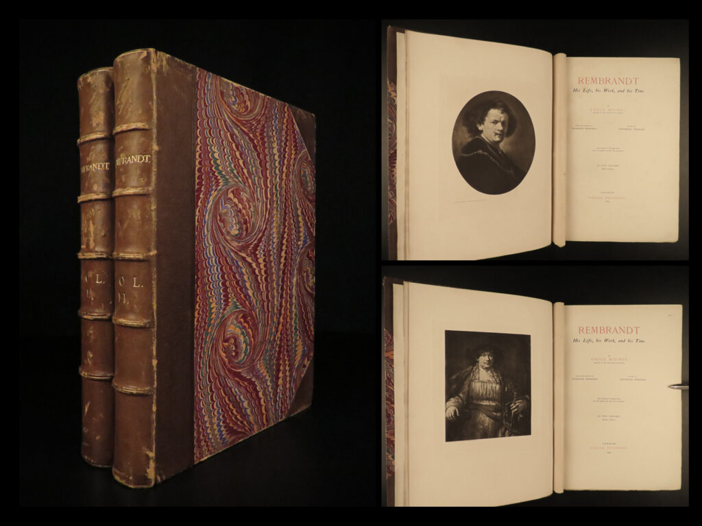 1895 huge folios 1st ed rembrandt dutch art painting illustrated 2v set michel | <em> </em> rembrandt, a 17<sup>th</sup>-century dutch painter, is often considered to be one of the very best and most famous dutch painters. Authors and art historians wrote numerous biographies of rembrandt’s life and work, but one of the best was emile michel’s late 19<sup>th</sup>-century sketch “<em>rembrandt, his life, his work and his time</em>”. This two-volume 1895 english edition contains more than 300 illustrations including dozens of full-page views of rembrandts paintings!