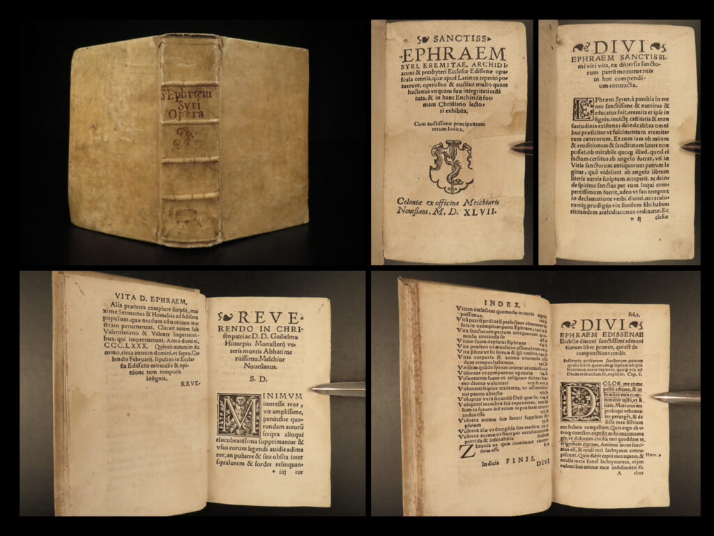 1547 1ed saint ephrem of syria aramaic hymns syriac persian greek cologne rare |   saint ephrem the syrian was a 4<sup>th</sup>-century early church syriac christian theologian. He wrote hundreds of hymn texts many of which engage with greek philosophy and the traditions of persian symbolism. Each of his writings were originally written in the syriac language. <em> </em> this 1547 edition of the works of saint ephrem is incredibly rare with only one known copy in any institution in america!