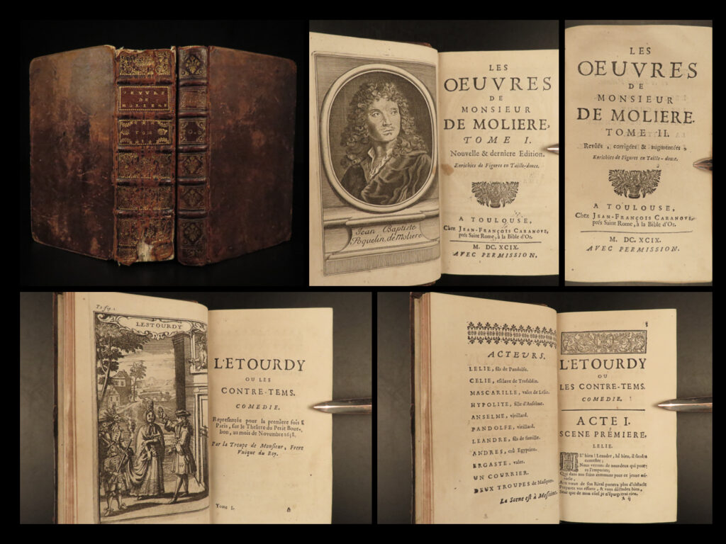 1699 works of moliere french plays theater psyche sganarelle femmes savants 2v |   <em>“it is not only what we do, but also what we do not do, for which we are accountable. ” </em> <em>― </em>molière   a rare lot of 17<sup>th</sup>-century printings of works of moliere. This lot of two volumes includes lesser-known moliere works such as: <ul> <li>“l'étourdi ou les contretemps”, or ‘the bungler’</li> <li>“le depit amoureux”</li> <li>“les précieuses ridicules”</li> <li>“sganarelle, or the imaginary cuckold”</li> <li>“psyche”</li> <li>“les femmes savants”</li> </ul>
