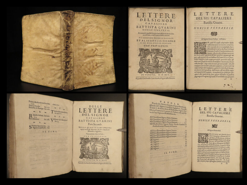 1595 italian renaissance letters battista guarini venice florence vellum italy | battista guarini was a 16<sup>th</sup>-century italian poet who was best-known for his tragedy ‘<em>il pastor fido’</em>, a story of the marriage of duke of savoy and catharine of austria. He provided libretti for renaissance opera composers and texts for madrigals, but he also wrote numerous letters – letters that would become popular for their beautiful language. Most of these letters were written to nobles and high-class figures in venice and florence. In 1593, guarini’s letters were first published and would see numerous editions, including this 1595 ciotti edition.