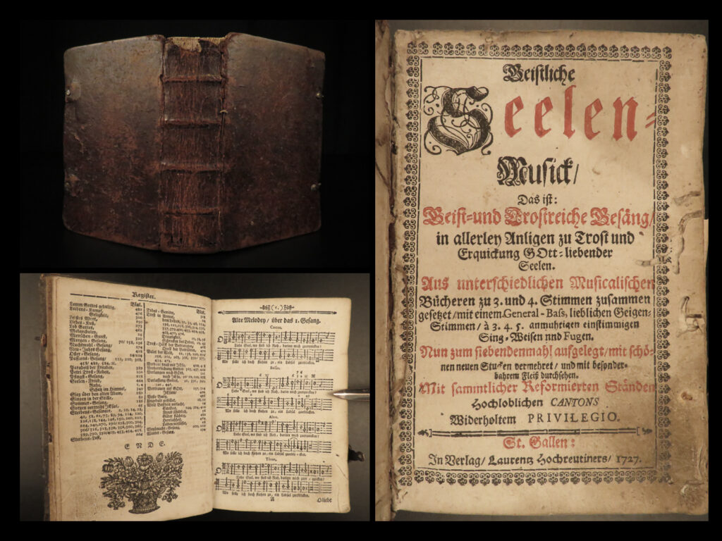 1727 rare swiss german hymn book music choir geistlicher st gallen switzerland | a rare, pocket-sized 18<sup>th</sup>-century german devotional published in st. Gallen, switzerland.   this book, ‘<em>spiritual music for the soul’</em>, is a collection of german hymns and songs with each choral and instrumental part written individually. Many of the hymns are a capella choral music, but still others include string parts with violins and violas.