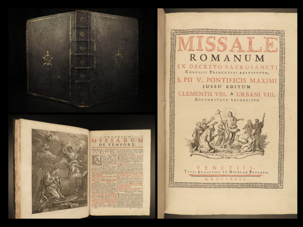 1781 huge roman catholic missal bible prayers liturgy pezzana venice chant music | an impressive late 18<sup>th</sup>-century roman missale published in venice. This stunning large tome features decorative red-ink border text and initials, and, like other missals, it contains catholic liturgies, prayers, hymns, songs and chants, and devotions to be used in personal and church worship.  