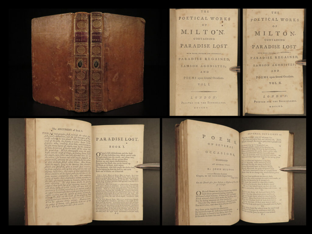1790 john milton paradise lost sonnets psalms bible poems elijah fenton 2v set | <em>“the mind is its own place, and in itself can make a heaven of hell, a hell of heaven. ”</em> ― john milton,<em> paradise lost</em> <em> </em> a charming collection of john milton’s works including ‘<em>paradise</em> <em>lost’</em> and ‘<em>paradise</em> <em>regain’d’</em> among his other poetry and writings. <em> </em> ‘<em>paradise lost’</em> was critically acclaimed and well-received by many famed personalities, including samuel johnson who states. “[paradise lost shows] milton’s peculiar power to astonish…and he seems to have been well acquainted with his own genius, and to know what it was the nature had bestowed upon him more bountifully than upon others: the power of displaying the vast, illuminating the splendid, enforcing the awful, darkening the gloomy, and aggravating the dreadful.   in addition to ‘<em>paradise lost’</em>, this set includes milton’s sonnets, ‘<em>paradise regained’</em>, and various translations. It also contains a ‘life of milton’ by elijah fenton.    