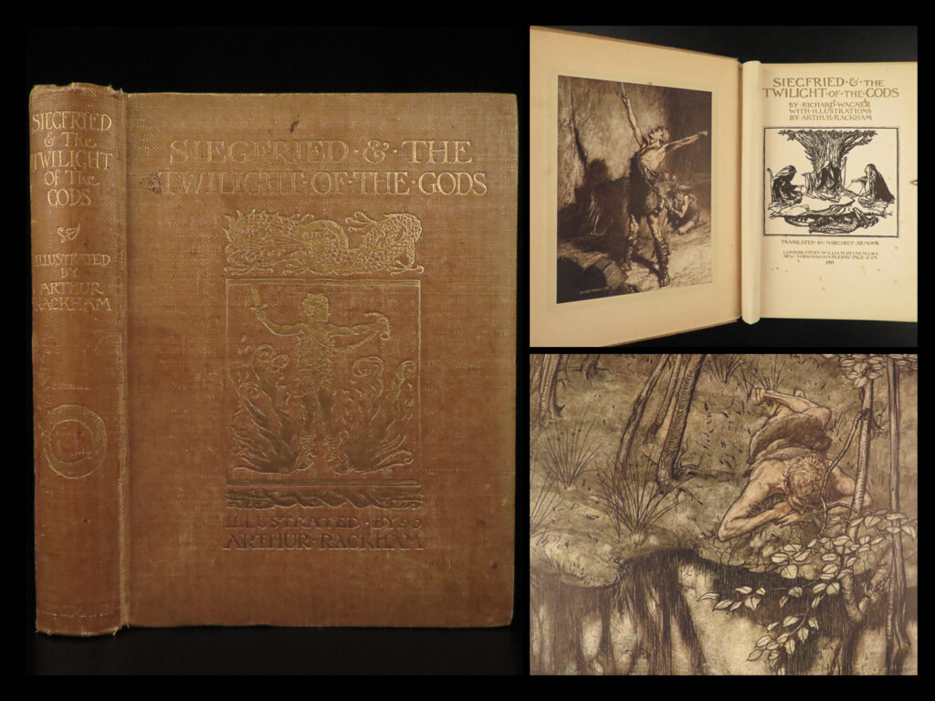 1911 norse mythology 1st ed wagner ring niblung siegfried rackham art tolkien | <em>“joy is not in things; it is in us” </em> <em>― </em>richard wagner <em> </em> richard wagner’s “<em>der ring des nibelungen</em>” (or “<em>the ring of the niblung</em>, wwv 86) was a landmark work in the history of music. It was a collection of four large-scale operas that created a ‘cycle’ of works which would in-turn be called the “<em>ring cycle</em>”. The story loosely follows characters of norse mythology and was a major influence in j. R. R. Tolkien’s masterpiece “<em>the lord of the rings</em>” trilogy. <em> </em> this fine printing was illustrated by the famous arthur rackham. This volume contains the final two movements of the work – “<em>siegfried” </em>and<em> “the twilight of the gods</em>” translated by margaret armour. The color illustrations are classic rackham style and feature trolls, beasts, magic spells, and more in a very dark and sinister fantasy style. In fact, these illustrations are often collected, printed, and sold as a collection of prints without the text!  