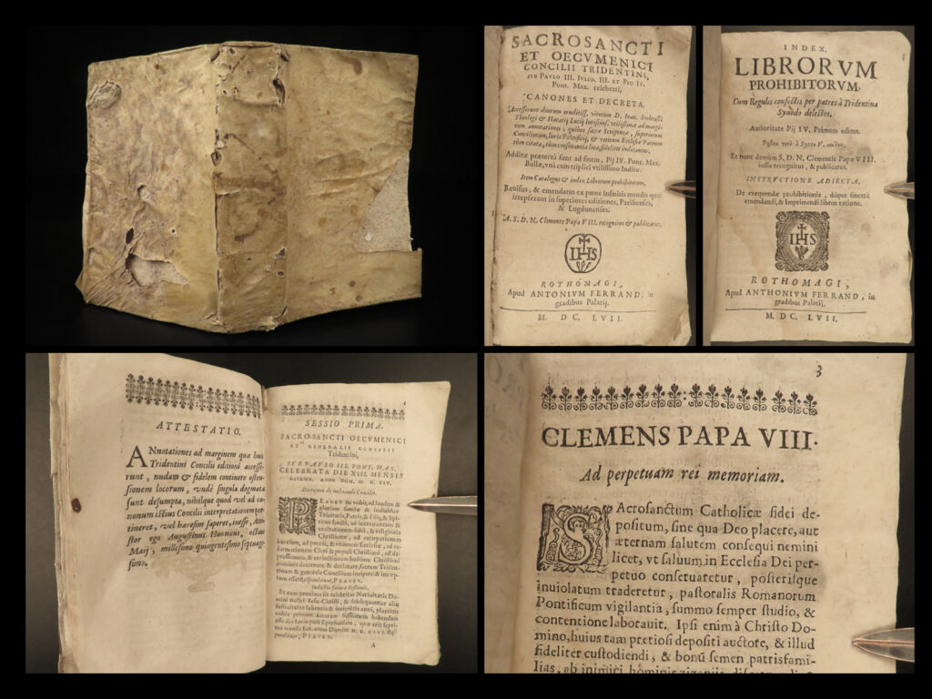1657 council trent catholic chifflet popes + banned book index inquisition rare | philippe chifflet wrote one of the most famous and important treaties on the council of trent in 1640. It saw reprints in various languages for over 100 years after its inception. Chifflet sought to bring clarity and understanding to europe’s attempts at protestant reforms, consequently, chifflet’s books were placed on the prohibited books index by the catholic church. This late 17<sup>th</sup>-century printing was published by ferrand in rouen, france, who included a printing of the prohibited books index at the end.