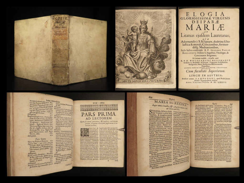 1677 elogia virgin mary catholic church mariology soliloquies berlendus kempten | johannes berlendus’s “<em>elogia gloriosissimae virginis mariae</em>” is a 17<sup>th</sup>-century treatise of adoration to the virgin mary. Throughout the 17<sup>th</sup>-century, mediations and praises to the mother of jesus were popular throughout the catholic church and berlendus’s “elogia” is no exception. This book contains prayers, soliloquies, and commentary on biblical history throughout – an impressive work of catholic liturgy and history.