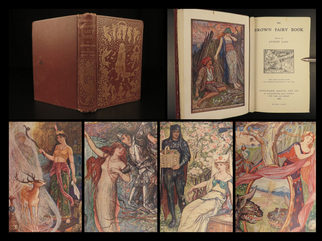 1904 1st ed brown fairy book andrew lang mermaids elves native american indians | <em> </em> <em>“once upon a time…”</em> <em> </em> andrew lang’s fairy books are a series of children stories that were published in a collection of “colors. ” the collection includes nearly 800 stories both true and fiction. The brown fairy book contains stories of native american indians, australian bushmen, african kaffirs, and other stories from persia, lapland, and india. While most of the stories have truths of these cultures, the stories include portrayals of elves, mermaids, and wicked wolverines! See below for a full list of the titles.  