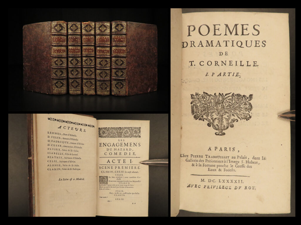 1692 french theatre dramatic poems of thomas corneille plays drama 5v set paris | thomas corneille was a 17<sup>th</sup>-century french writer who best-known for his lyric poetry and plays. Younger brother of the more famous pierre corneille, thomas composed numerous plays and other works of french literature including works such as ‘<em>don bertrand de cigarral’</em>. This and many other dramatic plays are included in his 1692 set of the works of thomas cornille.