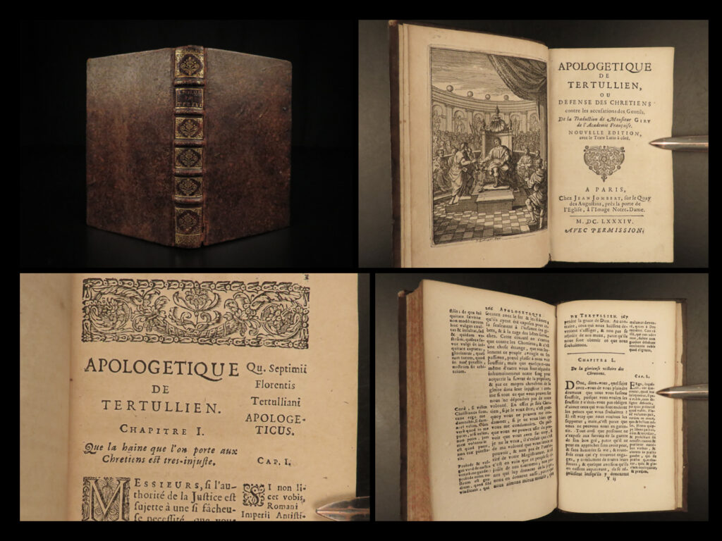 1684 tertullian apologetics early church father pagan gnosticism heresy giry | <em>“truth persuades by teaching, but does not teach by persuading. ” </em> ― tertullian <em> </em> tertullian was a 2<sup>nd</sup>-century early christian church author and apologist. His works helped establish western theology and early church doctrine, especially those that spoke out against heresy. He is perhaps most famous for being the first latin writer to use the term ‘trinity’ in reference to the father, son, and holy spirit.   tertullian emphatically defended christianity against pagans as well as defended ‘freedom of religion’ as human right unable to be taken away. One of his important apologetics was an anti-jewish treatise to counteract gnosticism and other philosophically based doctrines.   these defenses, along with other tertullian works, are collected in this 1684 french edition. This edition features the translation and notes of louis giry.  