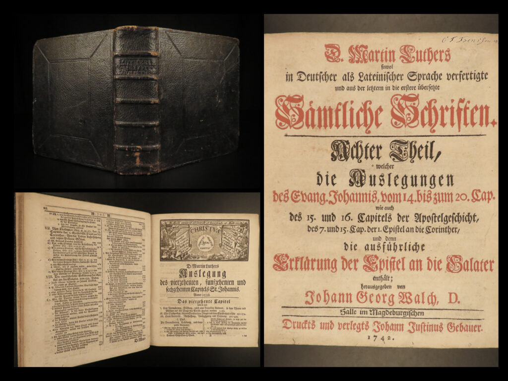 1742 martin luther kirchepostille german bible devotional prayer halle magdeburg | “<em>even if i knew that tomorrow the world would go to pieces, i would still plant my apple tree</em>. ” ― martin luther   martin luther is one of the most iconic and well-recognized figures of the protestant reformation. His theological teachings which rejected many of the roman catholic church’s doctrines were polarizing in the development of renaissance protestantism.   this 1742 german theology, entitled ‘<em>kirchen postille’</em> includes sermons, lessons, homilies, and devotionals.