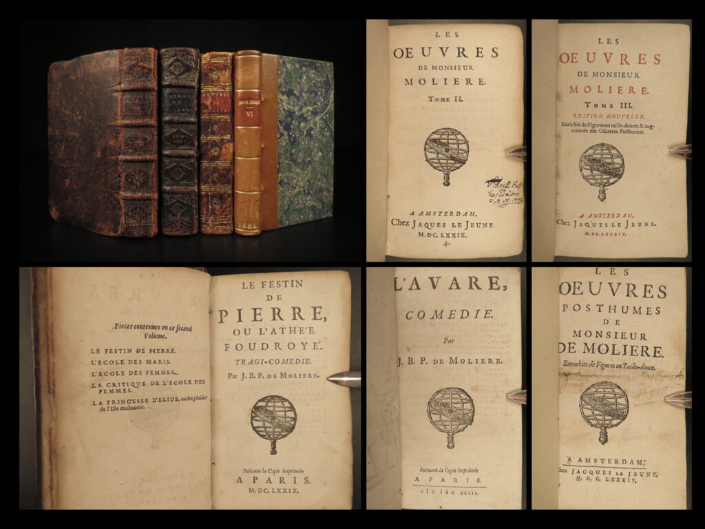1679 works of moliere french plays theater school for wives misanthrope 4v lot | <em>“it is not only what we do, but also what we do not do, for which we are accountable. ” </em> <em>― </em>molière   a rare lot of 17<sup>th</sup>-century printings of works of moliere. This lot of 4 volumes from various printings includes some of moliere’s most famous works such as: <ul> <li>“le festin de pierre, ou l'athée foudroyé”</li> <li>“school for wives”</li> <li>“pleasures of the enchanted island”</li> <li>“the imposter” or “tartuffe”</li> <li>“misanthrope”</li> <li>“the forced marriage”</li> <li>“medicine of love” or “dr. Cupid”</li> </ul>