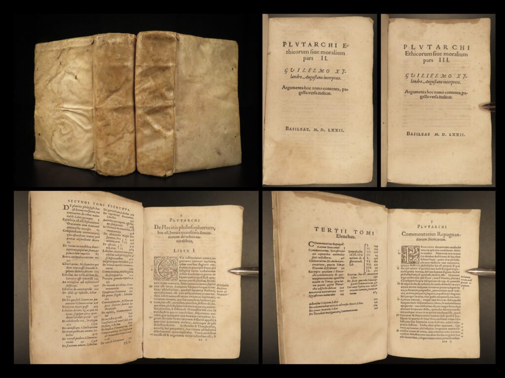 1572 plutarch moralia greek philosophy essays oracles superstition basel vellum |   ‘<em>moralia’</em> is one of only two surviving works of greek philosopher plutarch. While not as widely known or recognized as ‘<em>parallel lives</em>,’ ‘<em>moralia’</em> is still a rather important work. It is a collection of seventy-eight various essays and transcribed speeches each of which provide an understanding of roman and greek life in the 1<sup>st</sup>-century ad. These essays have been known to make a significant impact on enlightenment thinkers such as montaigne. The list of topics covered in ‘<em>moralia’</em> is quite varied but all fall into the category of self-improvement or cultural improvement. Such topics include how to educate children, how to teach and learn virtue, the value of friendship, validity of oracles and superstition, causes of natural phenomena, and the talkativeness of women!