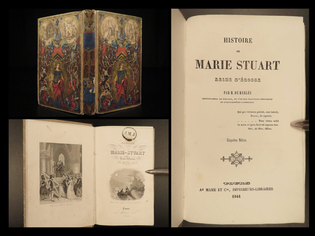 1844 history of mary stuart queen of scots illustrated darnley john knox binding | a scare, 19<sup>th</sup>-century historical work about mary stuart, queen of scots in a exquisite decorative binding. This historical treatise includes a few beautifully engraved plates to accompany a biographical narrative of mary stuart’s life, highlighting the major and controversial events of her reign.