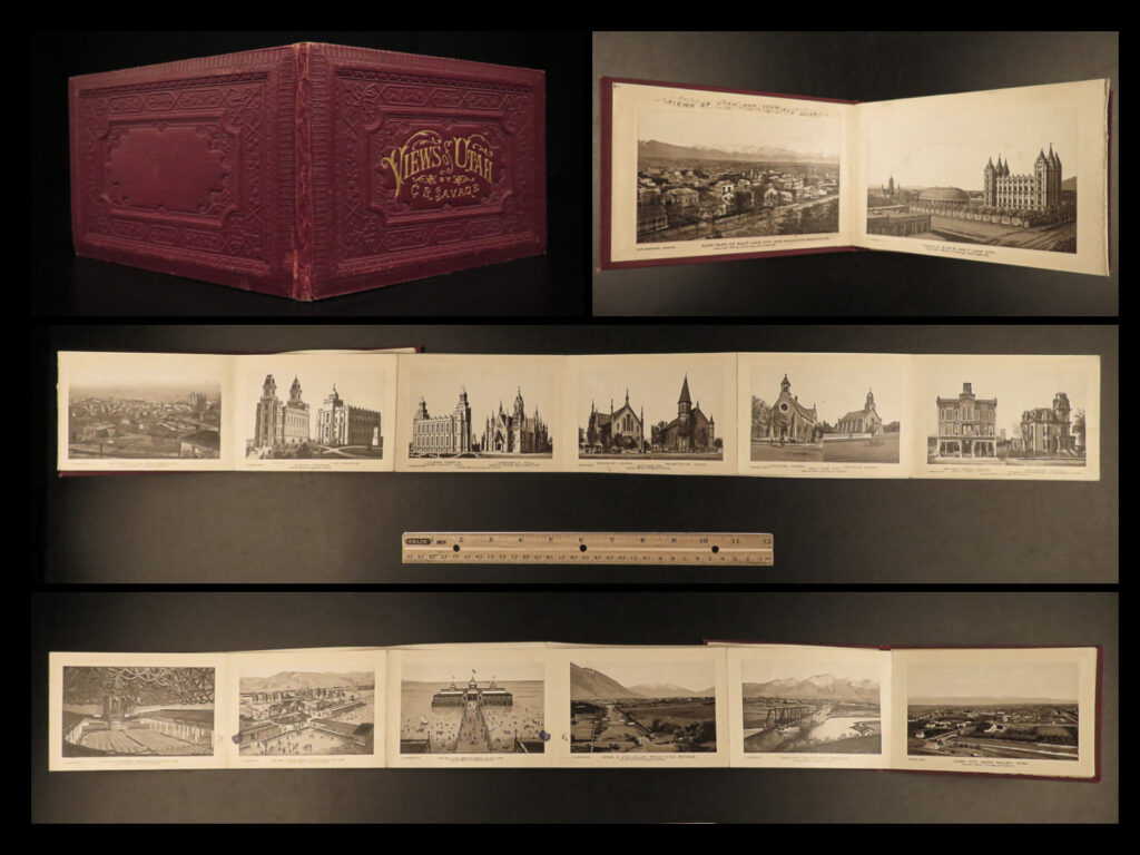 1887 1st ed utah illustrated views of mormon temples landscapes salt lake city | a scare collection of beautiful 19<sup>th</sup>-century photography from c. R. Savage that offers a visual history of utah. The photographs in ‘<em>views of utah…</em>’ depict various mormon temples, logan temple and assembly hall, other churches, walker opera house, gardo house, resorts, city neighborhoods, parks, docks and pavilions, and much more.  