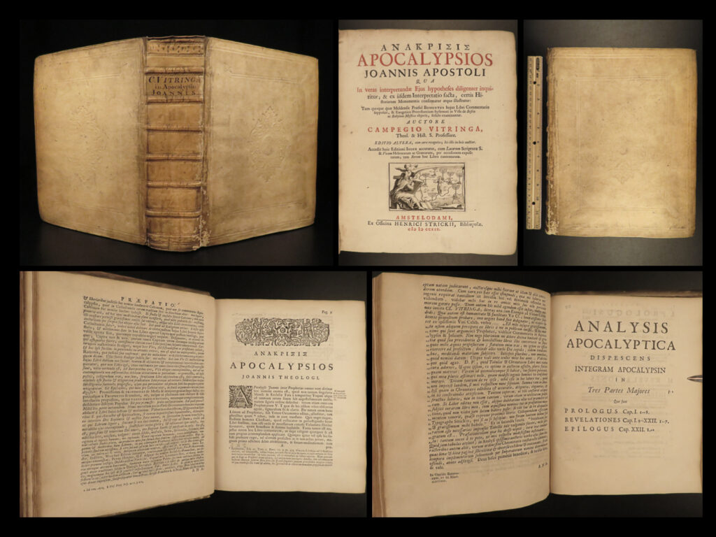 1719 apocalypse & revelation dutch campegius vitringa bible & commentary vellum |   campegius vitringa was a 17<sup>th</sup>-century dutch theologian who is primarily remembered for his book ‘<em>apocalypseos joannis apostoli’ </em>– the first full commentary and analysis of the book of revelation. First published in 1705, this book was written, not only as a commentary on revelation, but also a description of the early church following the death and resurrection of jesus.