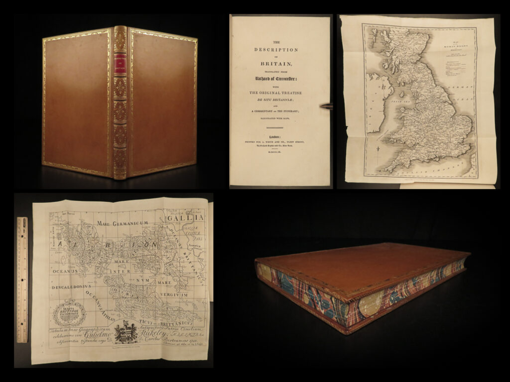 1809 britain bertram england maps scotland medieval monk richard of westminster | charles bertram was an 18<sup>th</sup>-century english historian best-remembered for his landmark book ‘<em>description of britain’</em>. This book, based on the manuscripts and letters of 14<sup>th</sup>-century benedictine monk richard of westminster (cirencester), was the authoritative work on the history of england for decades.   this 1809 english edition was translated by henry hatcher and includes the commentary of thomas leman (per the bmc). It features editions of the maps in the style of the original 1750s maps.