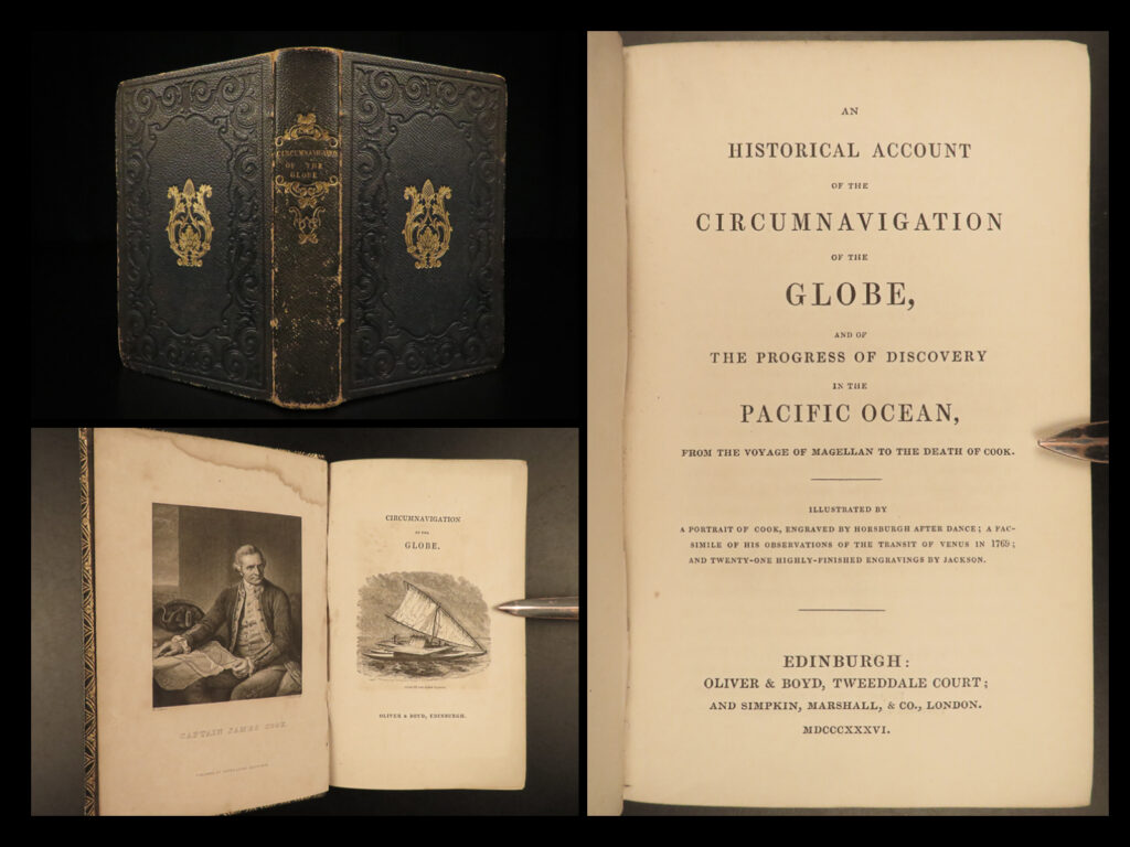 1836 famous voyages captain cook magellan columbus marco polo anson exploration | ‘<em>an historical account of the circumnavigation of the globe’</em> is a rare, 19<sup>th</sup>-century book collecting the most important world voyages from the earliest and most iconic explorers. This work describes the lives and voyages of christopher columbus, marco polo, ferdinand magellan, francis drake, george anson, and of course captain james cook. And while these names are certainly the most famous, the author includes dozens of other voyages and explorers in this fine scottish edition of ‘<em>circumnavigation of the globe’</em>.   it should be noted that this book features fine, full-page engravings throughout – views of islands, boats and ships, portraits, and natives to explored lands.