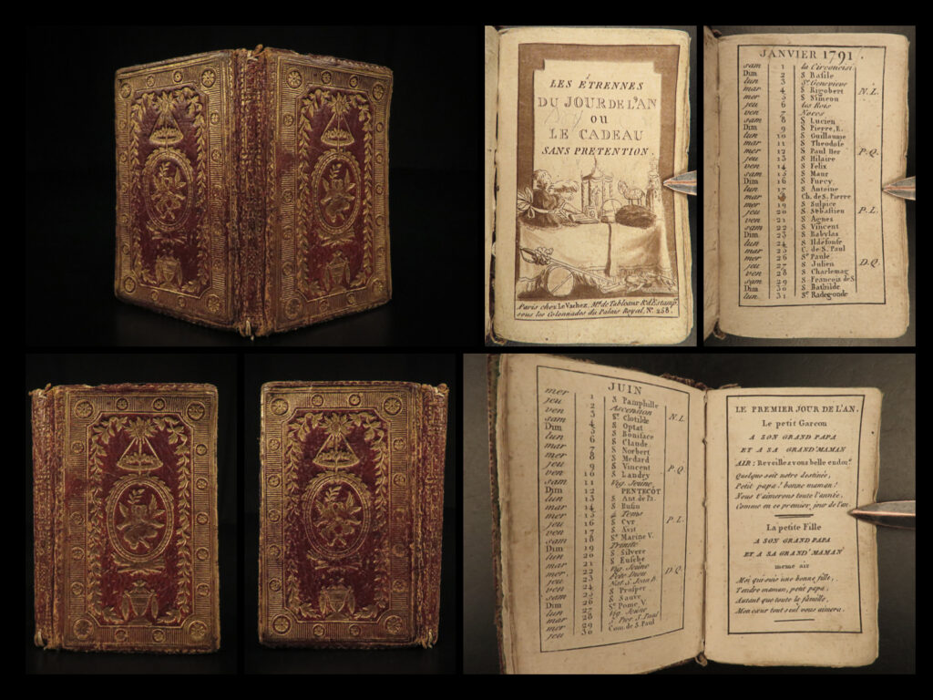 1792 tiny pocket french calendar poems gilt aquatint illustrations miniature | a small, pocket-size calendar published in 1792 paris. This book, bound in moroccan leather and gold-gilt decoration, contains poems and verses, elegies, and full-page aquatint illustrations.